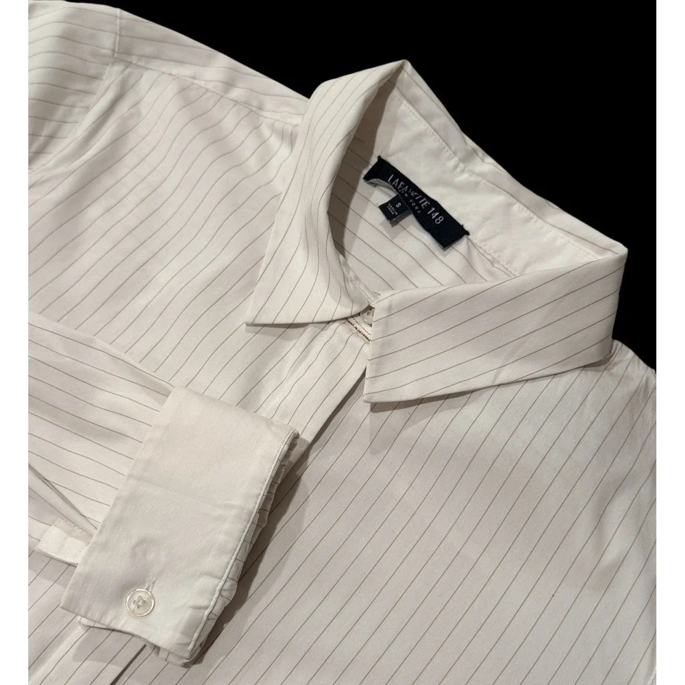 Lafayette 148 New York Women Tunic Shirt S White Gold Pinstripe Button - Picture 3 of 12